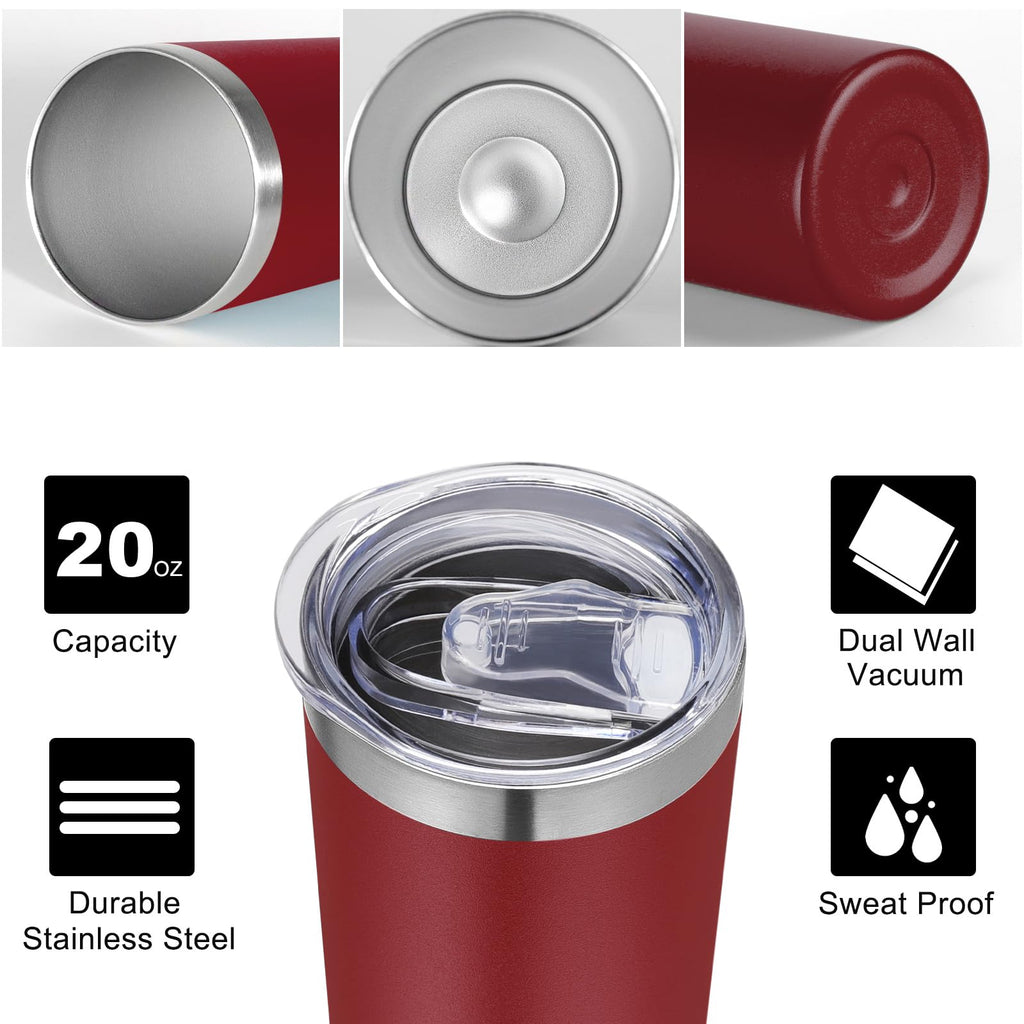 VEGOND 20 oz Stainless Steel Skinny Tumbler with Lids and Straws, 20oz Vacuum Insulated Slim Tumbler Cup, Double Wall Travel Tumblers Bulk for Cold Hot Drinks, Wine Red 12 Pack