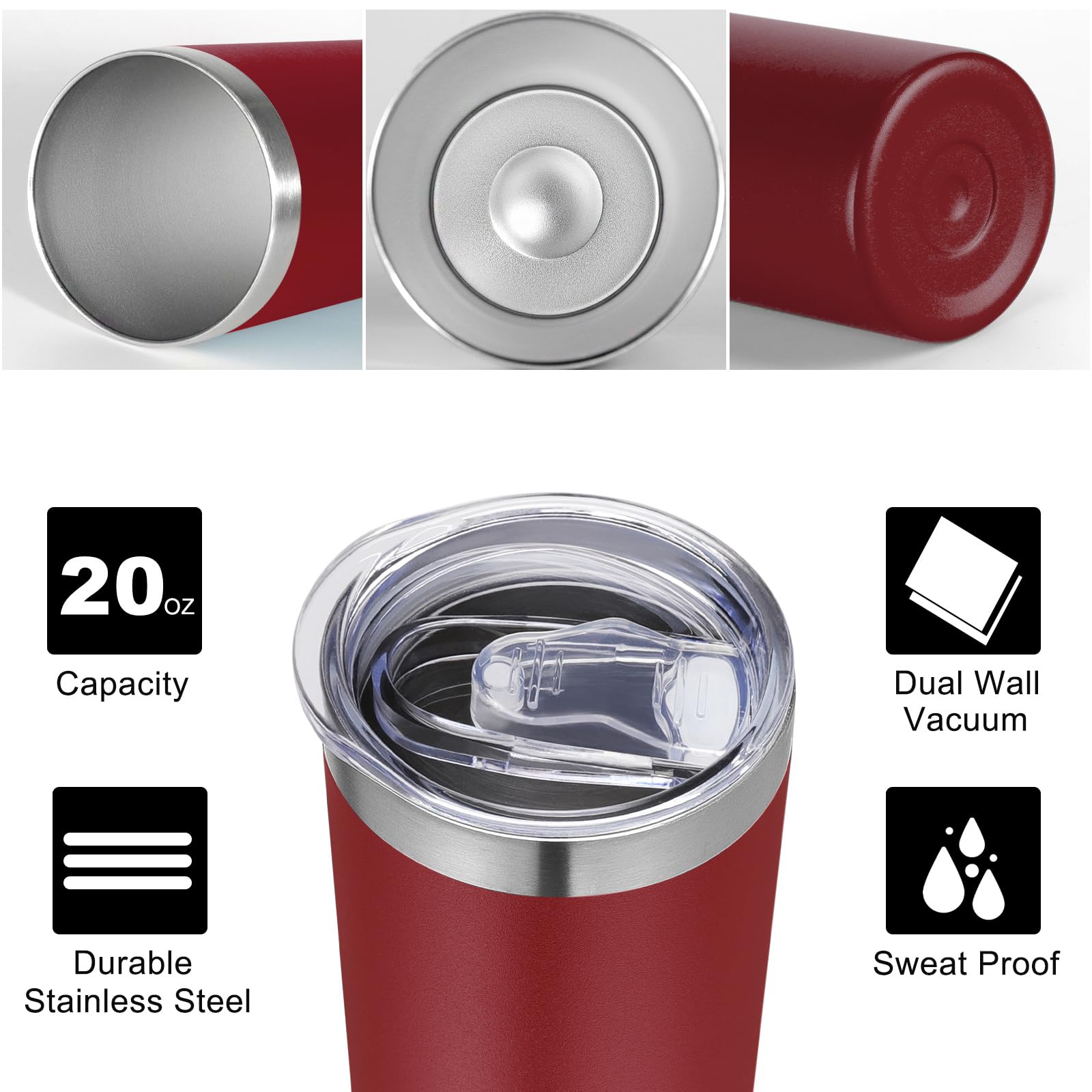 VEGOND 20 oz Stainless Steel Skinny Tumbler with Lids and Straws, 20oz Vacuum Insulated Slim Tumbler Cup, Double Wall Travel Tumblers Bulk for Cold Hot Drinks, Wine Red 12 Pack