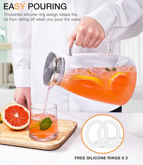2 Liter 68oz Borosilicate Pitcher with Lid, Glass Jug with Handle and Spout