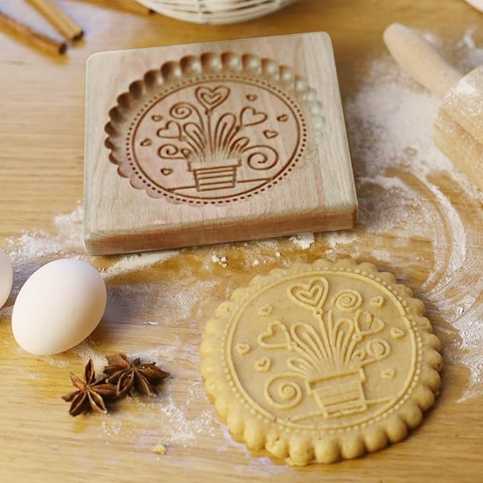 Wooden Cookie Biscuit Mold, 3D Baking Mold, Embossing Craft Decorating Baking Tool, Suitable for Halloween Thanksgiving Christmas Kitchen DIY (Flowerpot 10 * 10 * 2)