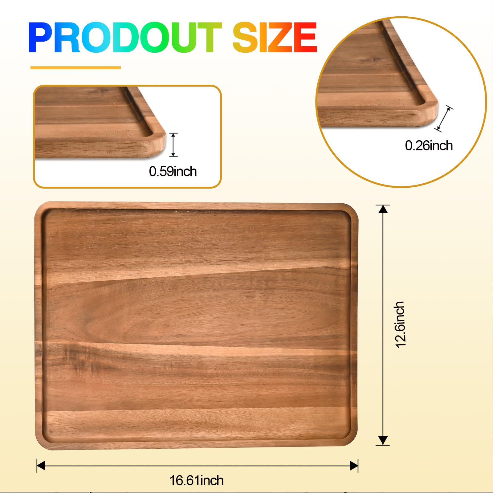 BIEOFFEI 2 Pcs Acacia Wood Serving Tray, Rectangular Wooden Serving Platters Charcuterie Board, Large Wood Kitchen Display Tray for Food, Cookie, Dessert, Fruit, Snack, Vegetable, 16.6" x 12.6" x 0.6"