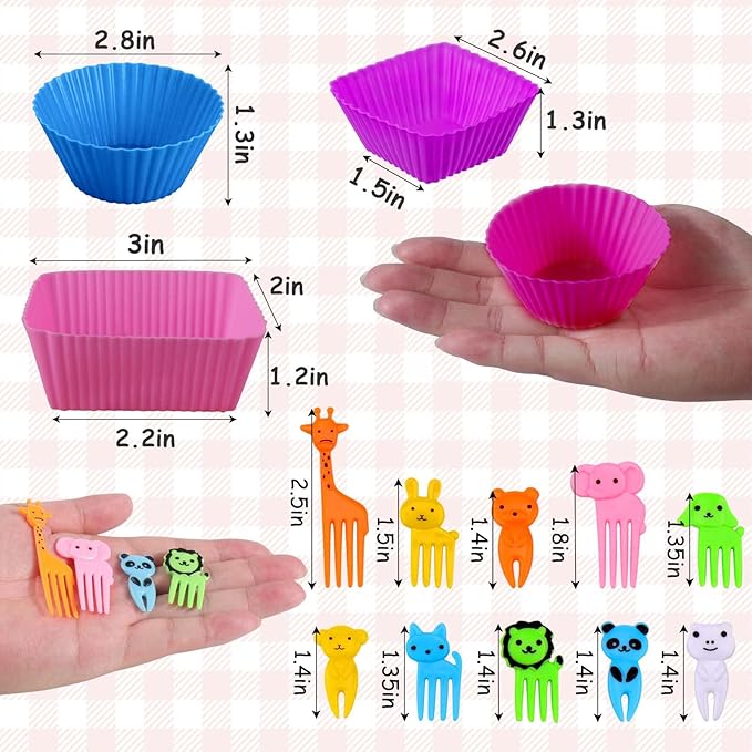XANGNIER 60 Pcs Silicone Lunch Box Dividers with Animal Food Picks,Reusable Lunch Bento Box Accessories for Kids,Lunchbox Supplies Accessories,Back to School Lunch Essentials,Silicone Cupcake Liners