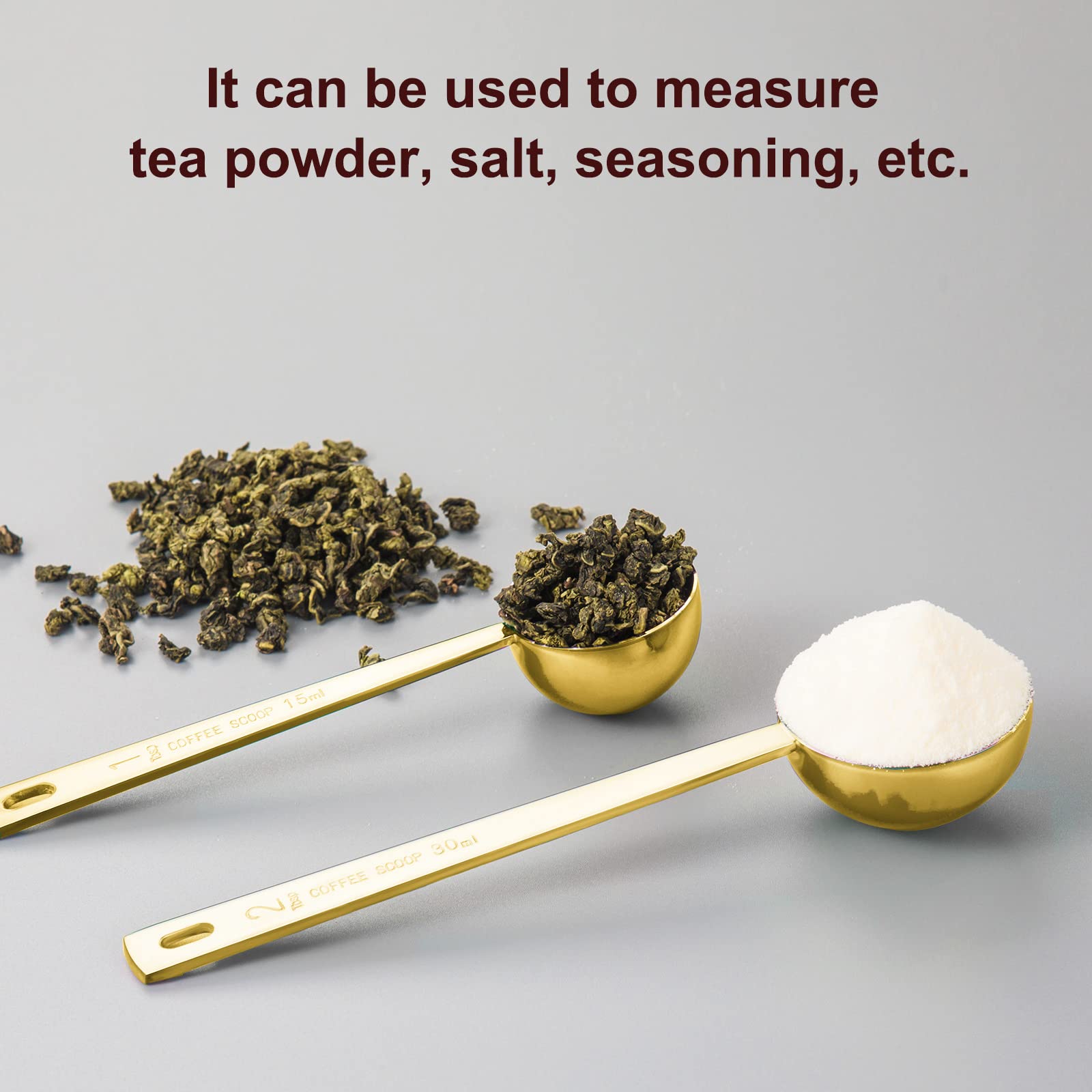 Safring Premium Coffee Scoop Set, Set of 2, Metal Stainless Steel Long Handle Coffee Scoop, Measuring Coffee Spoons Contains 1 Tablespoon (15 ml) and 2 Tablespoons (30 ml) Spoon-Gold