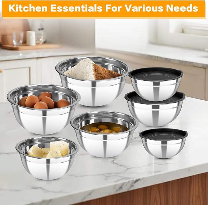 7 Piece Metal Mixing Bowls with Lids Set, Stainless Steel Nesting Design Salad Mixing Bowl Set for Kitchen Cooking, Baking, Prepping and Serving Food (Size 0.7, 1.1, 1.5, 2.1, 3.5, 4, 4.5QT)