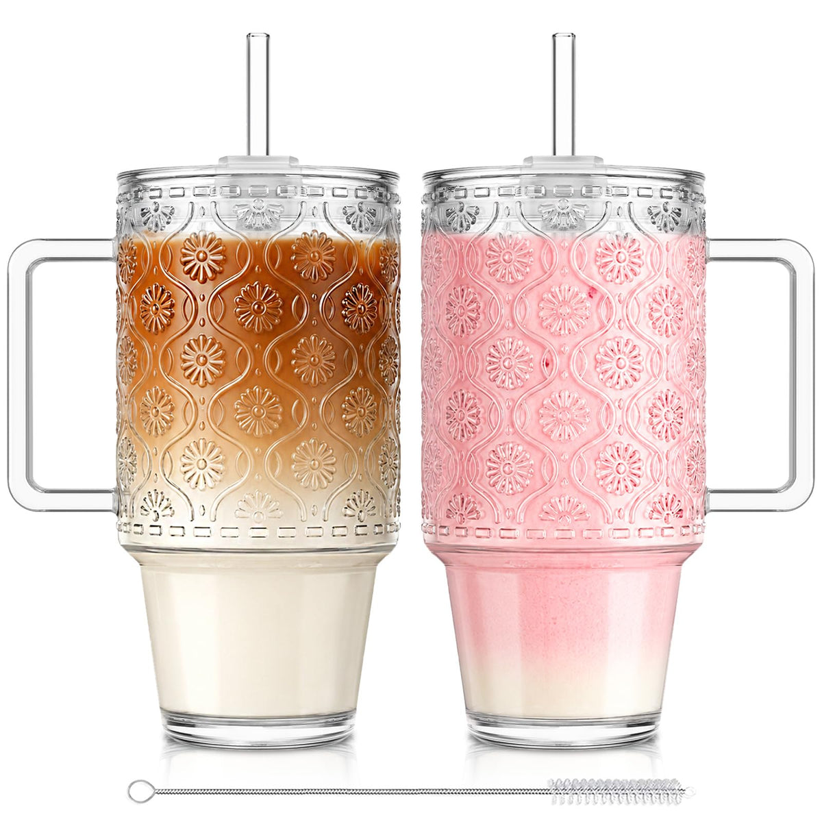 KEMORELA 24 Oz Ribbed Glass Tumblers with Lids and Straws, Tumbler Cup with Handle, Iced Coffee Glassware, Clear Reusable Drinkware for Smoothies and Beverages(1)