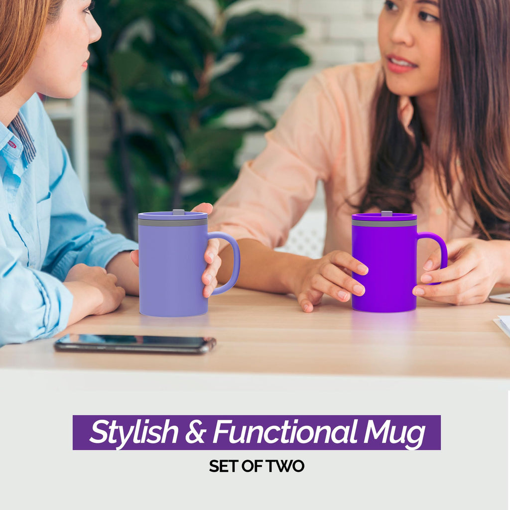 Copco Iconic 16oz Double Wall Insulated Desk Mug with Lid & Handle, Set of 2, BPA-Free Reusable Plastic, Spill-Resistant, Microwave & Dishwasher Safe, Wide Mouth (Purple/Light Purple)