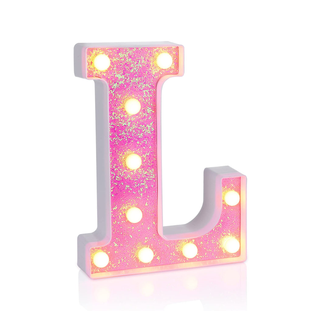 Foaky Pink Light up Letters，Pink Party Decorations,Girls Room Decor,Glitter Light Up Letters,Alphabet Letter Sign for Night Light Birthday Party Girls Gifts, Home Bar Decoration（L）