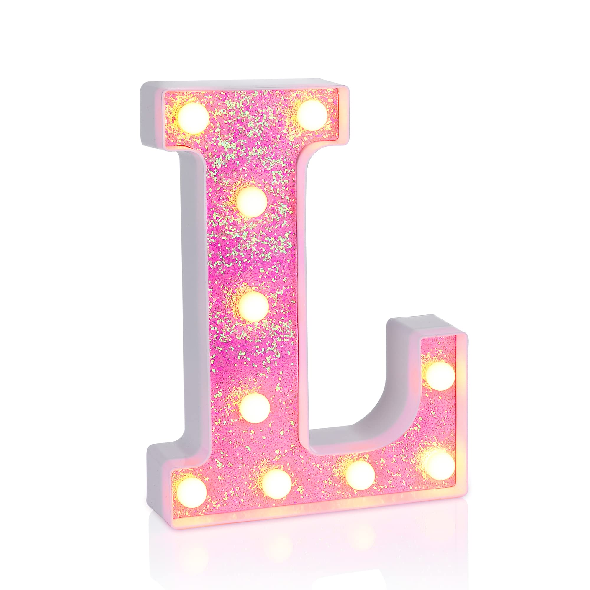 Foaky Pink Light up Letters，Pink Party Decorations,Girls Room Decor,Glitter Light Up Letters,Alphabet Letter Sign for Night Light Birthday Party Girls Gifts, Home Bar Decoration（L）