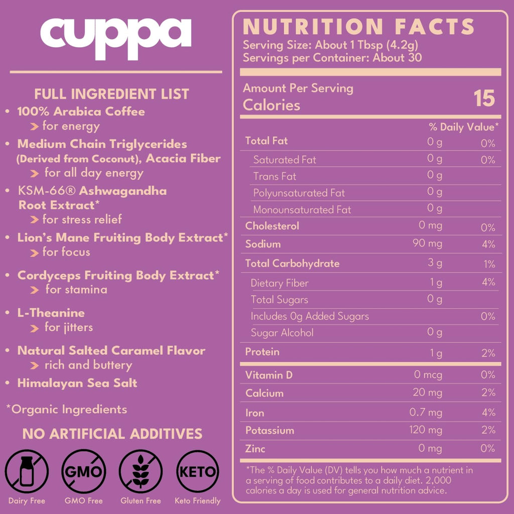 Cuppa Salted Caramel Mushroom Coffee with Adaptogens & Superfoods - Lion’s Mane, Ashwagandha & Cordyceps. Adaptogens + MCT to support natural energy, mental focus & gut health (30 Servings)