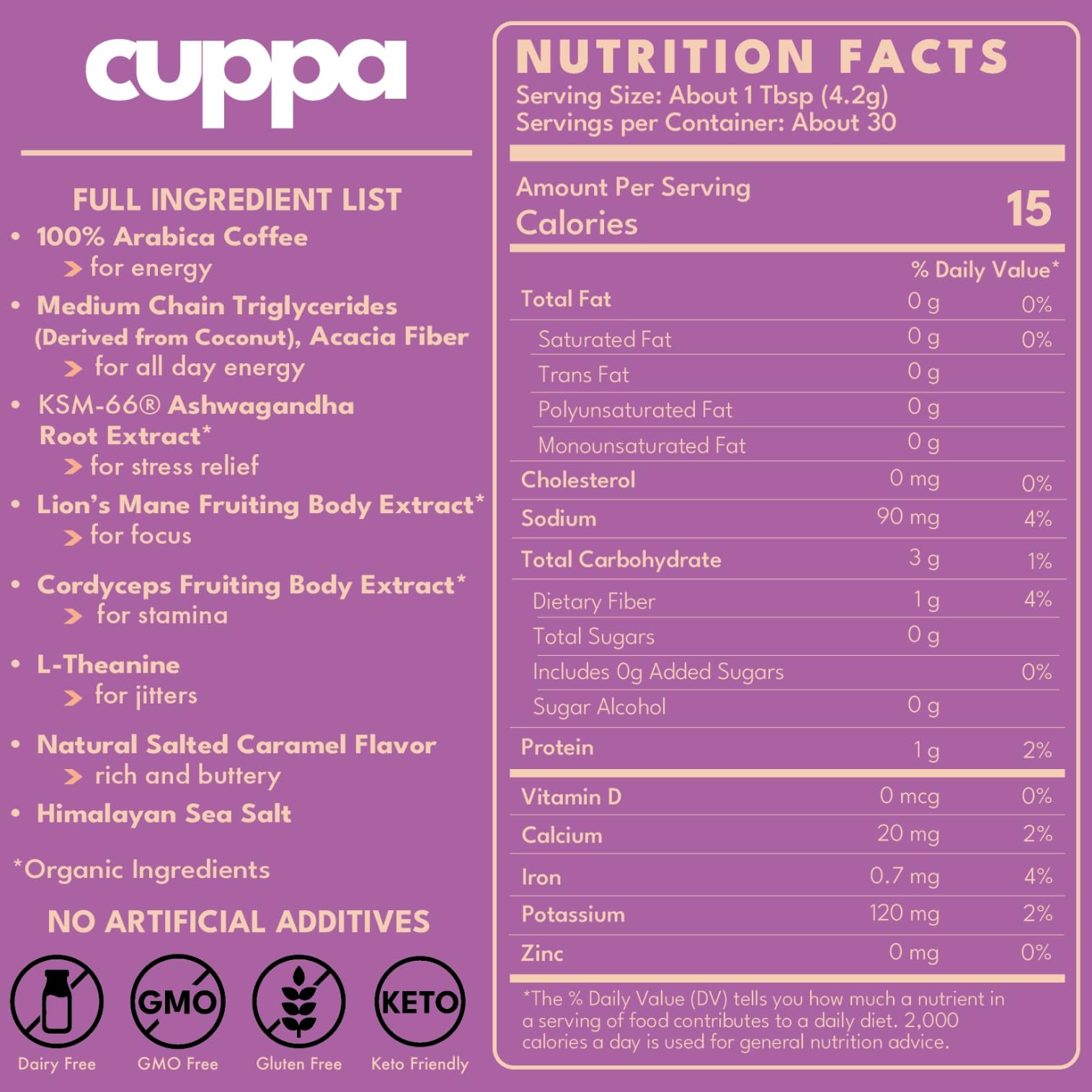 Cuppa Salted Caramel Mushroom Coffee with Adaptogens & Superfoods - Lion’s Mane, Ashwagandha & Cordyceps. Adaptogens + MCT to support natural energy, mental focus & gut health (30 Servings)