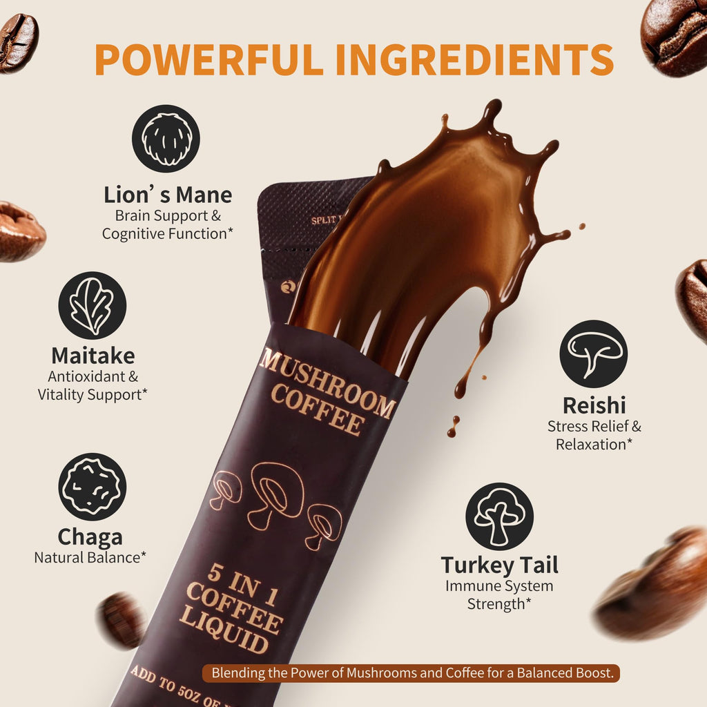Cold Brew Mushroom Coffee, 15 Packets, Coffee Concentrate Liquid with 5 Adaptogenic Mushrooms, 100% Arabica Bean Extract for Immunity - Sugar Free, Keto, Vegan