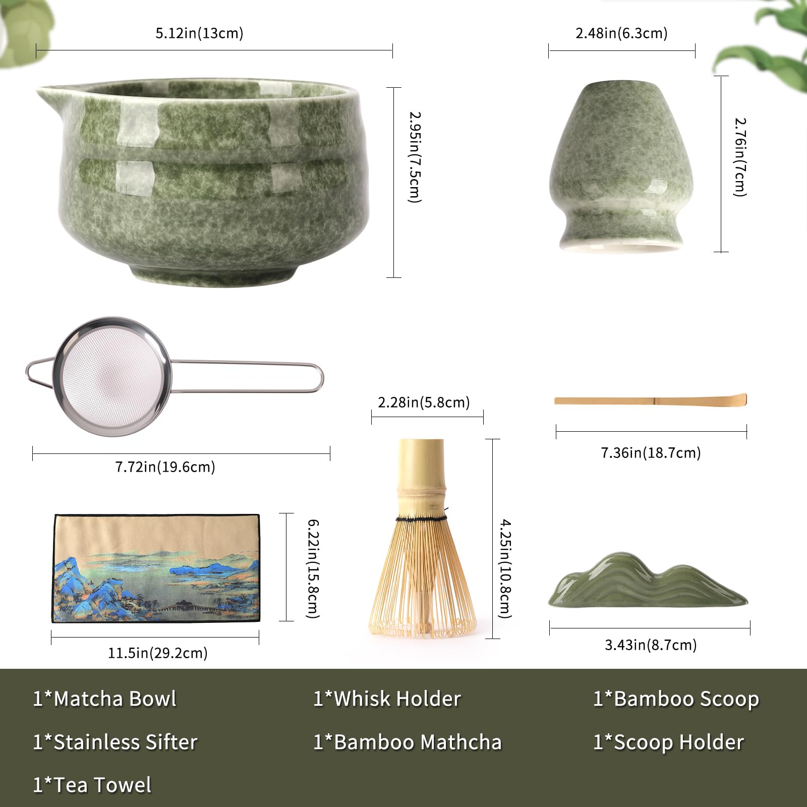 VONAHAST Japanese Matcha Whisk Set - 7-Piece Kit Bamboo Chasen, Ceramic Bowl with Spout, Stainless Steel Sifter & Holder Green