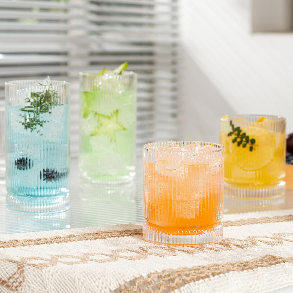 POLIDREAM Ribbed Glass Cups Set, 390ml Vintage Drinking Glassware Set of 4, Cocktail Glasses, Low Ball Ribbed Glassware, Mixed Glassware Set, Premium Whiskey Glasses, Ideal for House of Glass