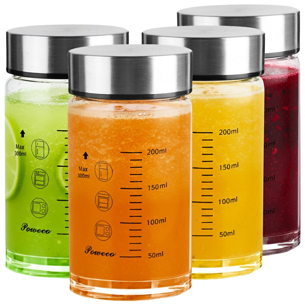 poweco Glass Juice Bottles 4 Pack 10 oz - Wide Mouth Glass Water Bottles with Lids - for Juicing, Protein, Smoothie, Milk, Reusable, BPA Free, Stainless Steel Lids, Blender, Shaker Bottle (300ml)