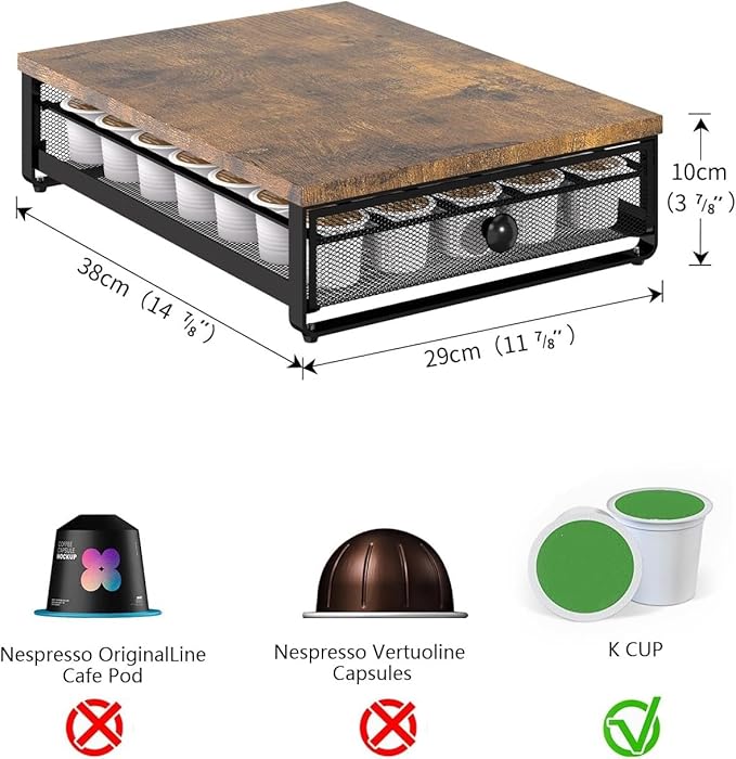 K Cup Organizer, Coffee Pod Holder Rack, Under Cabinet Pod Holder with Sliding Drawer holds up to 35 K-Cup Pods, No Assembly Needed, Rustic Brown