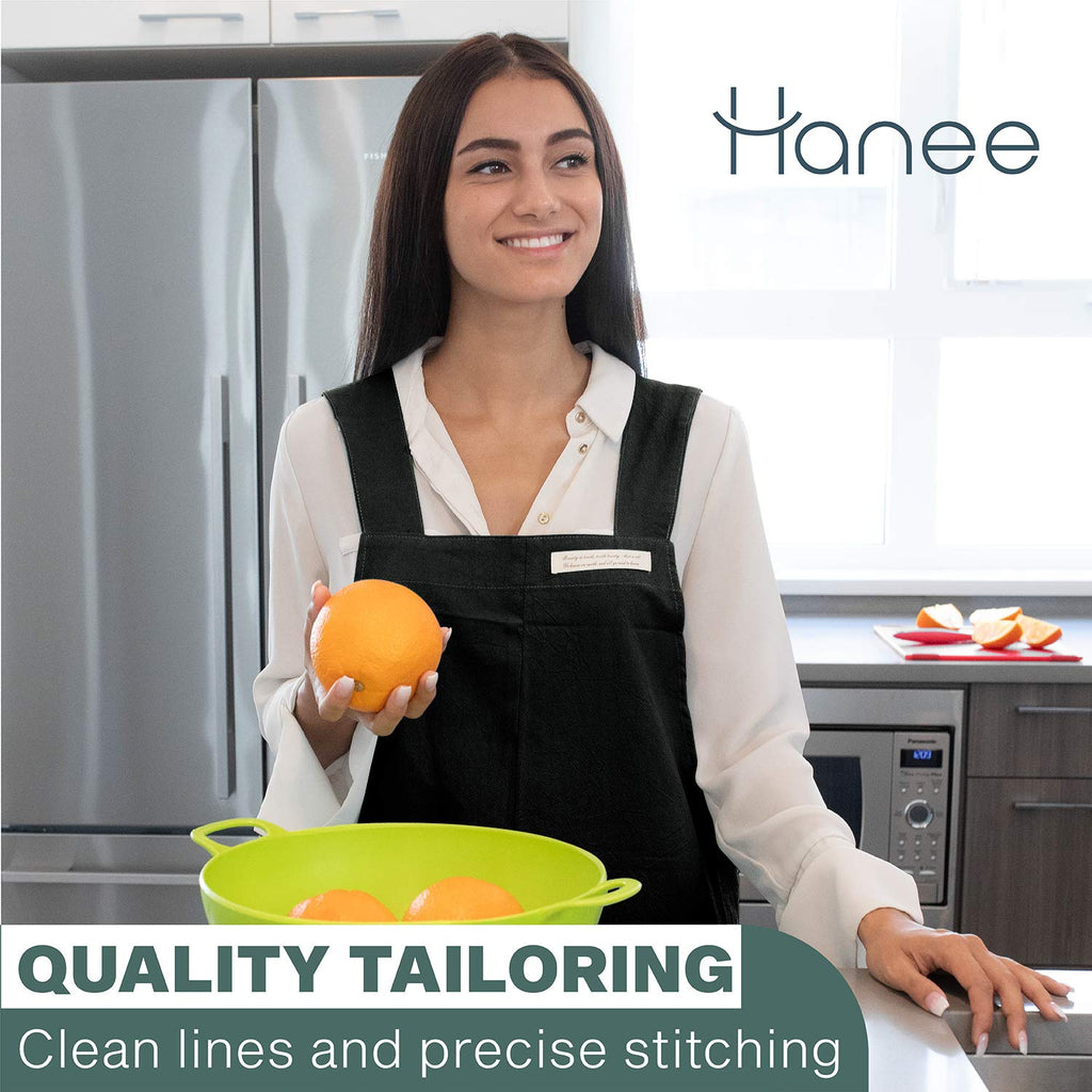 HANEE Cotton Aprons for Women and Men | Cross-Back Apron with Pockets (Black)
