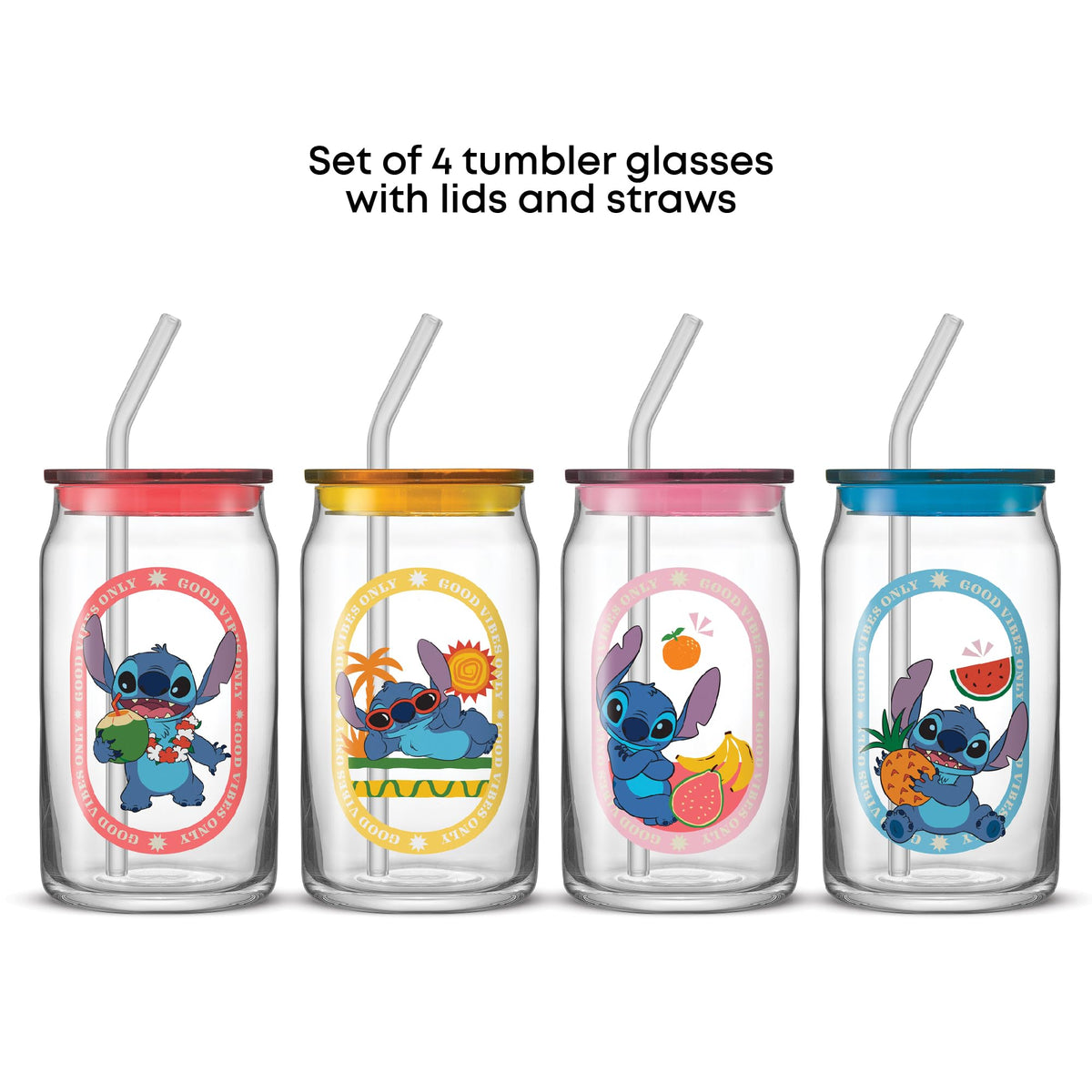 JoyJolt Disney Stitch Island Vibes Glass Tumblers with Lids and Straws, 16oz Glass Cups with Lids and Straws, Can Shaped Drinking Glasses Set of 4, Stitch Stuff, Disney Gifts for Adults