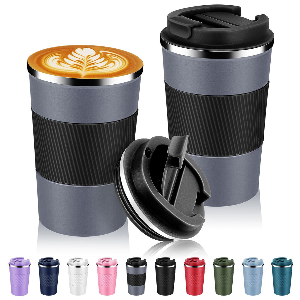 Volhoply 13 oz Stainless Steel Insulated Travel Coffee Mug with Fip Lid Bulk 2 Pack,Reusable Double Wall Vacuum Metal Coffee Cup,Portable Leak Proof Thermal Tumbler for Hot & Cold Drinks(Gray,2)