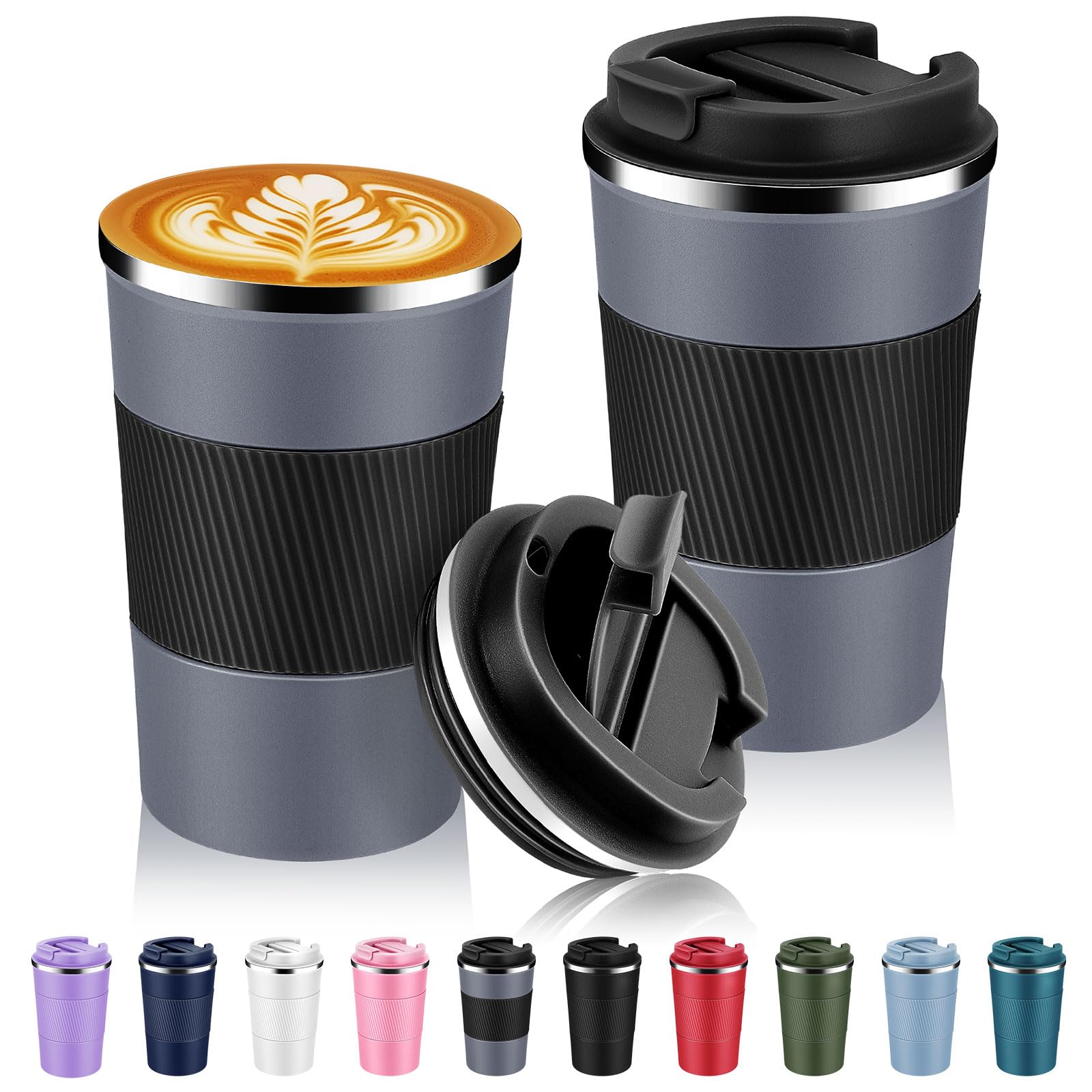 Volhoply 13 oz Stainless Steel Insulated Travel Coffee Mug with Fip Lid Bulk 2 Pack,Reusable Double Wall Vacuum Metal Coffee Cup,Portable Leak Proof Thermal Tumbler for Hot & Cold Drinks(Gray,2)