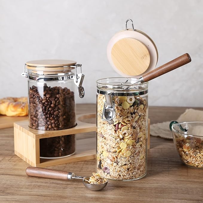 KKC Glass Coffee and Sugar Containers with Airtight Hinged Lids,Sealed Glass Jar Canisters with Scoops for Ground Coffee,Beans,Loose Leaf Tea,Nuts,Matcha,40 Fl oz