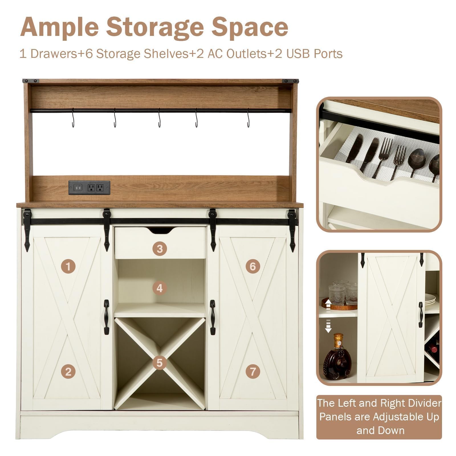 Wnutrees Farmhouse Coffee Bar Cabinet with Charging Station and USB, White