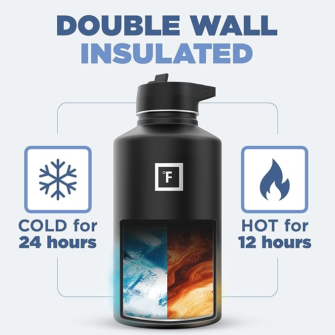 IRON °FLASK Camping & Hiking Hydration Flask with 3 Lids - Stainless Steel, Double Walled & Vacuum Insulated Water Bottle - Leak Proof & BPA Free (Day & Night, Straw - 64 oz)