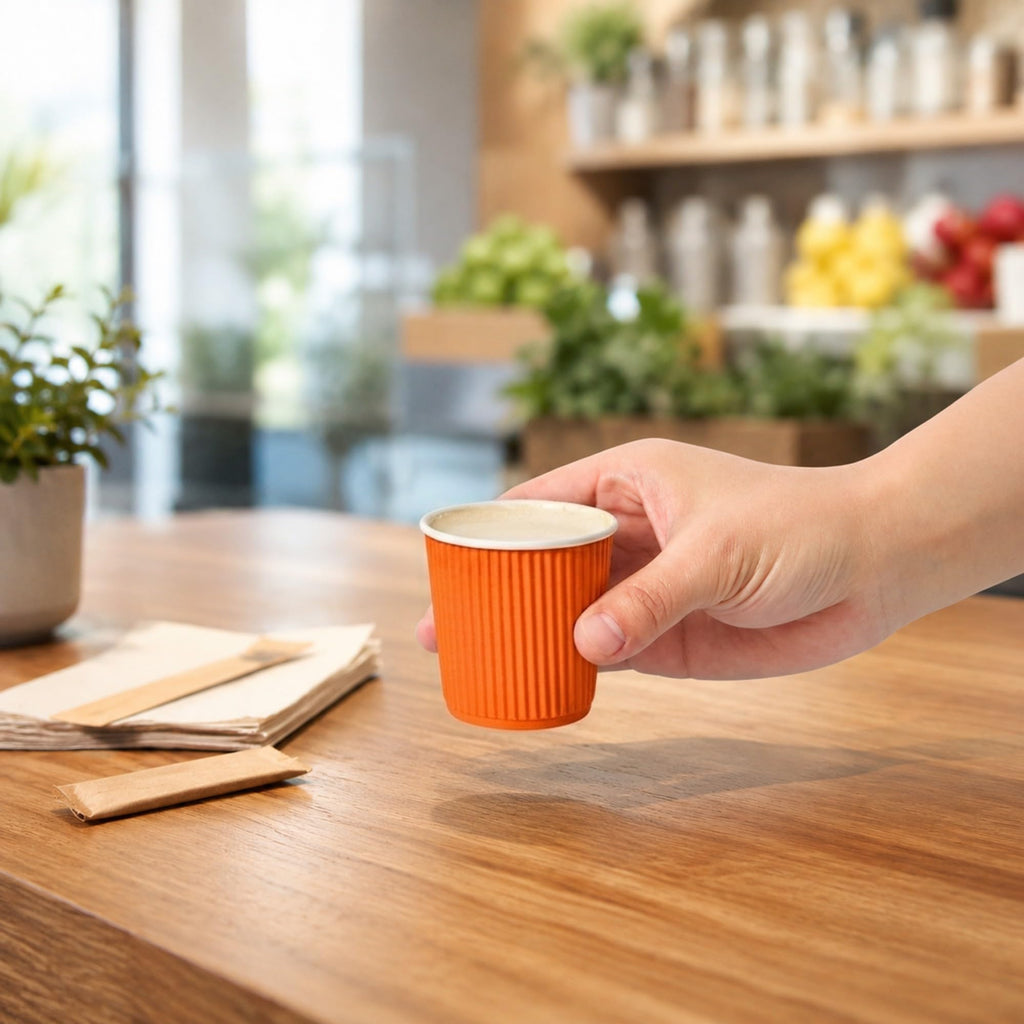 Restaurantware Ripple Wall Coffee Cups 25 Count 4 Ounce Insulated Tangerine Orange Paper Cups, Rolled Rim Spill-Resistant Disposable Paper Non-Slip for Coffee, Beverages