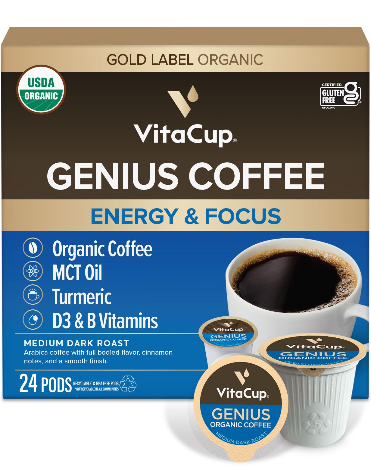 VitaCup Organic Genius Keto Medium Dark Roast Coffee Pods, 24ct