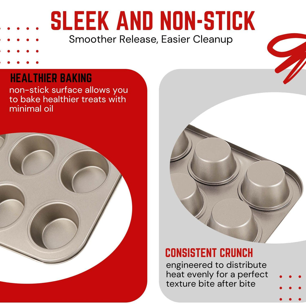 Flexzion 12-Cup Muffin Pans, Nonstick Carbon Steel Bakeware, Gold, 2-Pack