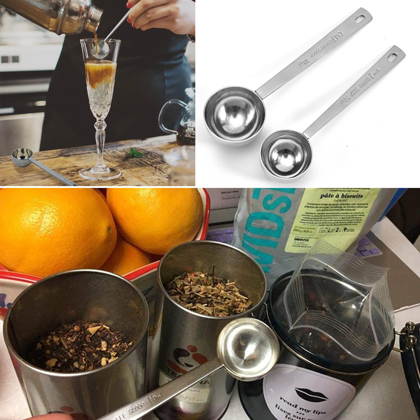 2 Pack Coffee Scoop, Tablespoon measure spoon contains 1 tablespoon (15ml) and 2 tablespoons (30ml), Stainless steel long handle coffee spoon silver