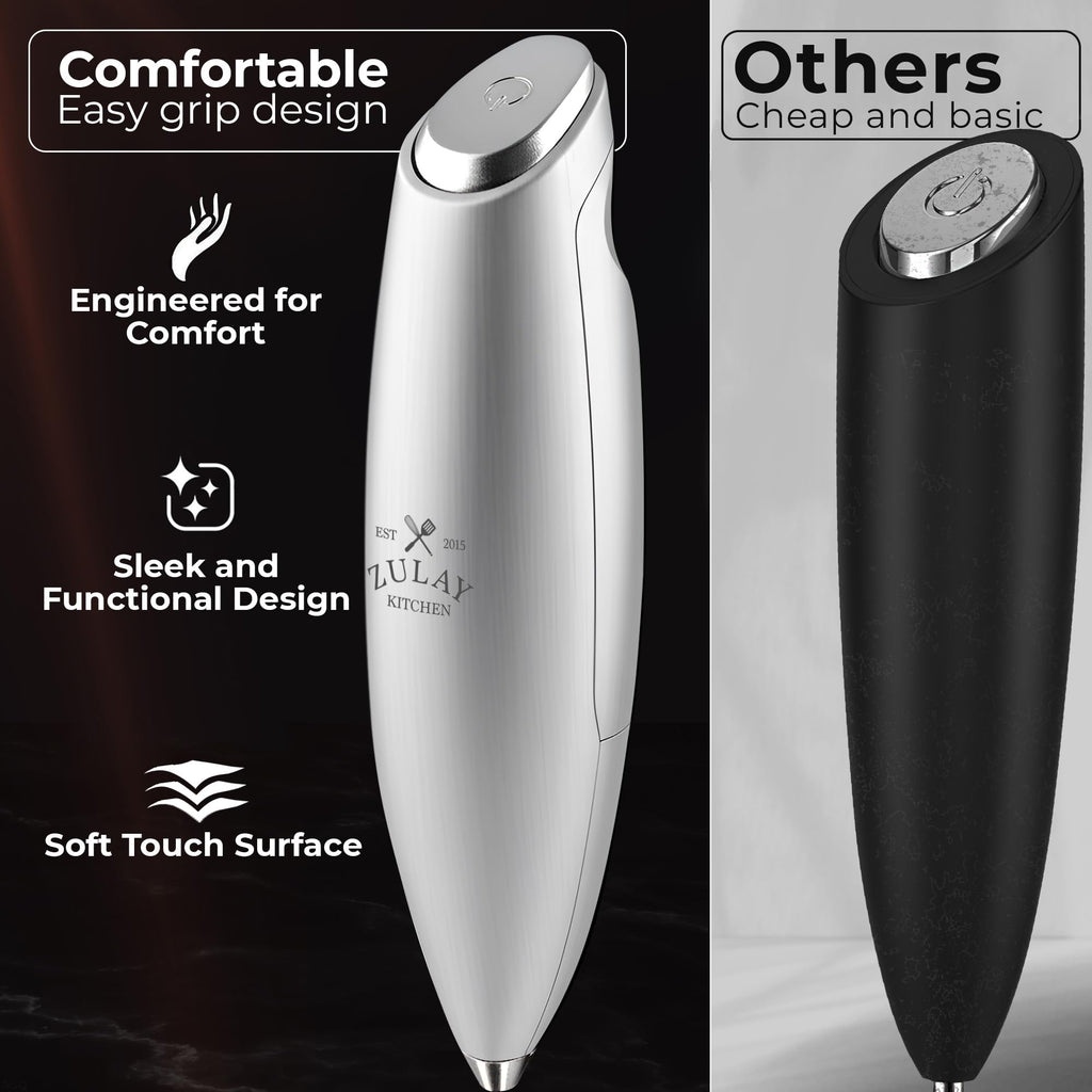 Zulay Kitchen Powerful Milk Frother Wand With Duracell Batteries - Ultra Fast Handheld Drink Mixer - Electric Whisk Foam Maker for Coffee, Lattes, Cappuccino & Matcha - Triple Whisk - Luminous Silver