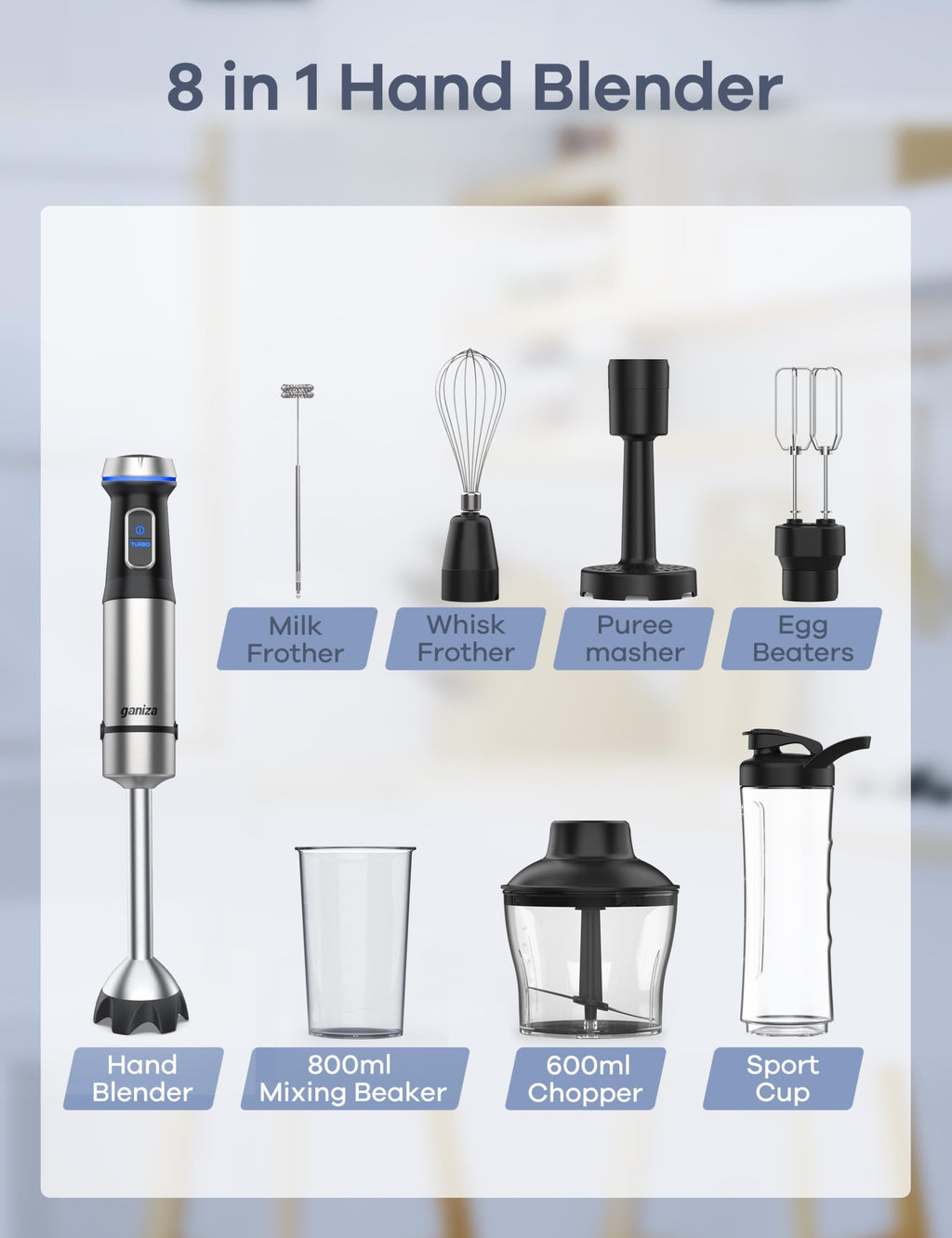 Ganiza Immersion Blender Handheld Corded 8 in 1 Hand Blender Max 1000W
