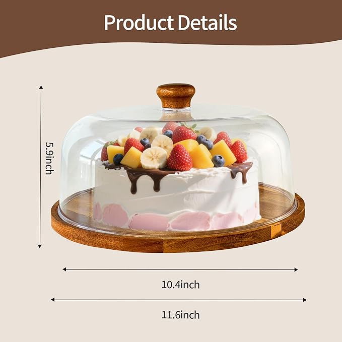 Wood-Cake-Stand With Acrylic Dome Lid, Round Wooden Cake Holder Plate With Cover, 2-in-1 Dessert Table Display Set For Party, Charcuterie Board For Cheese, Chips & Dips, Nachos, Fruit Platter