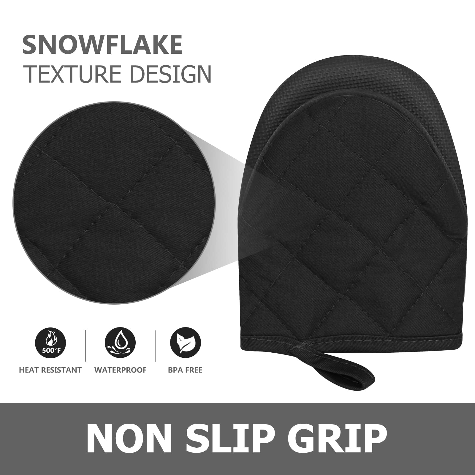 Short Oven Mitts, Heat Resistant 500°F, Silicone Grip Kitchen Gloves, Non-Slip for Baking, Grilling, BBQ, Machine Washable with Hanging Loop, 2-Pack Set, Black