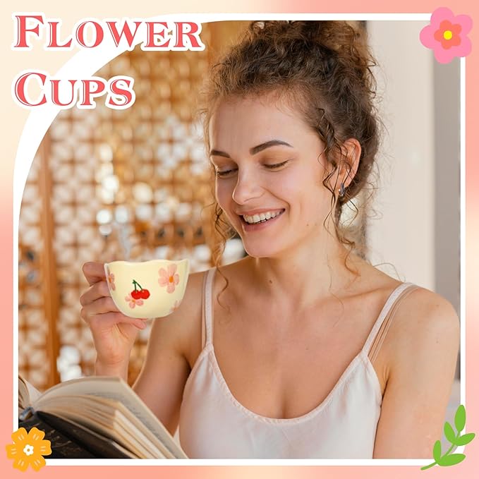 Ceramic Coffee Mug Vintage Flower Mugs 8 oz Cute Floral Coffee Mugs Irregular Latte Art Cup Lead-free Porcelain Cups for Cappuccino, Cocoa (2 Pcs Pink Cherry)