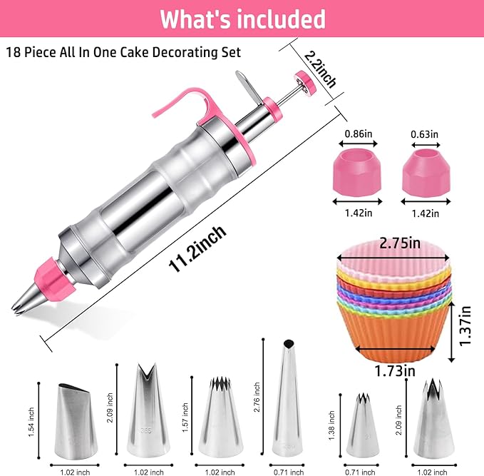 Hendiy Dessert Decorating Syringe Set, Frosting Piping Kit Stainless Steels Cake Decorating Kit with 6 Piping Tips & 9 silicone cupcakes, Cupcake Decorating Kit Piping Bags and Tips Set