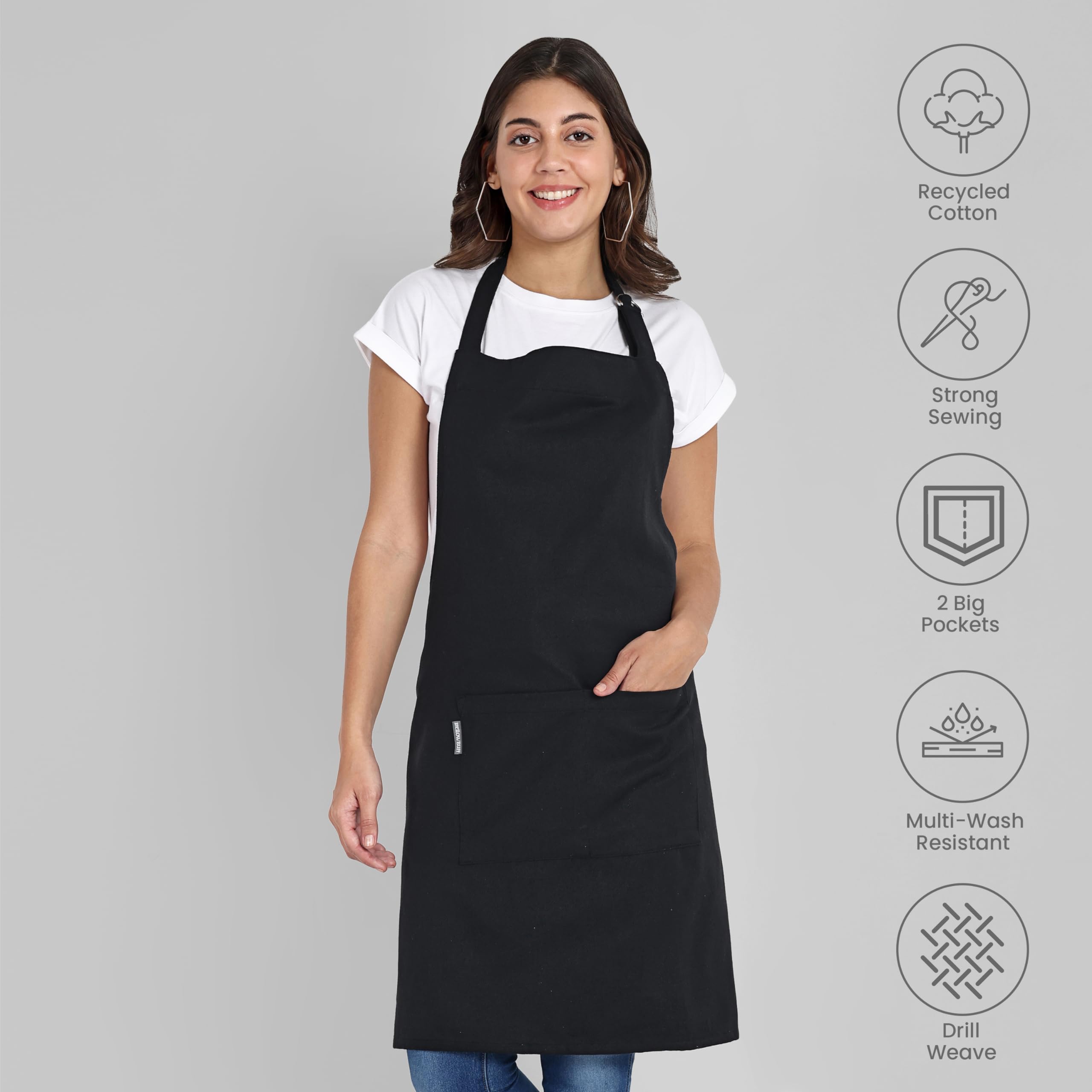 Mellow Buff Chef Aprons, Recycled Cotton Kitchen Apron with an Adjustable Neck with Long Ties, for cooking, baking (Black 1 pack)