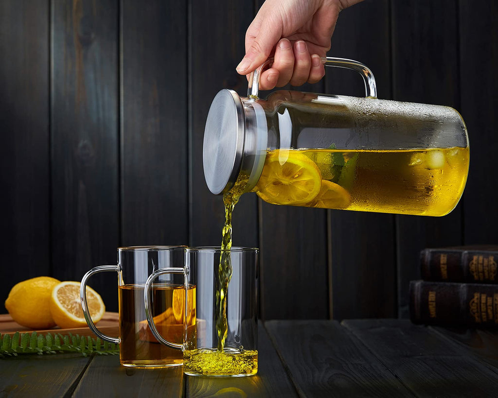 42OZ Glass Pitcher with Lid and Spout, Water Jug, 1250ml Carafe for Hot/Cold Water, Juice and Homemade Beverage, Large Iced Tea Pitcher for Coffee