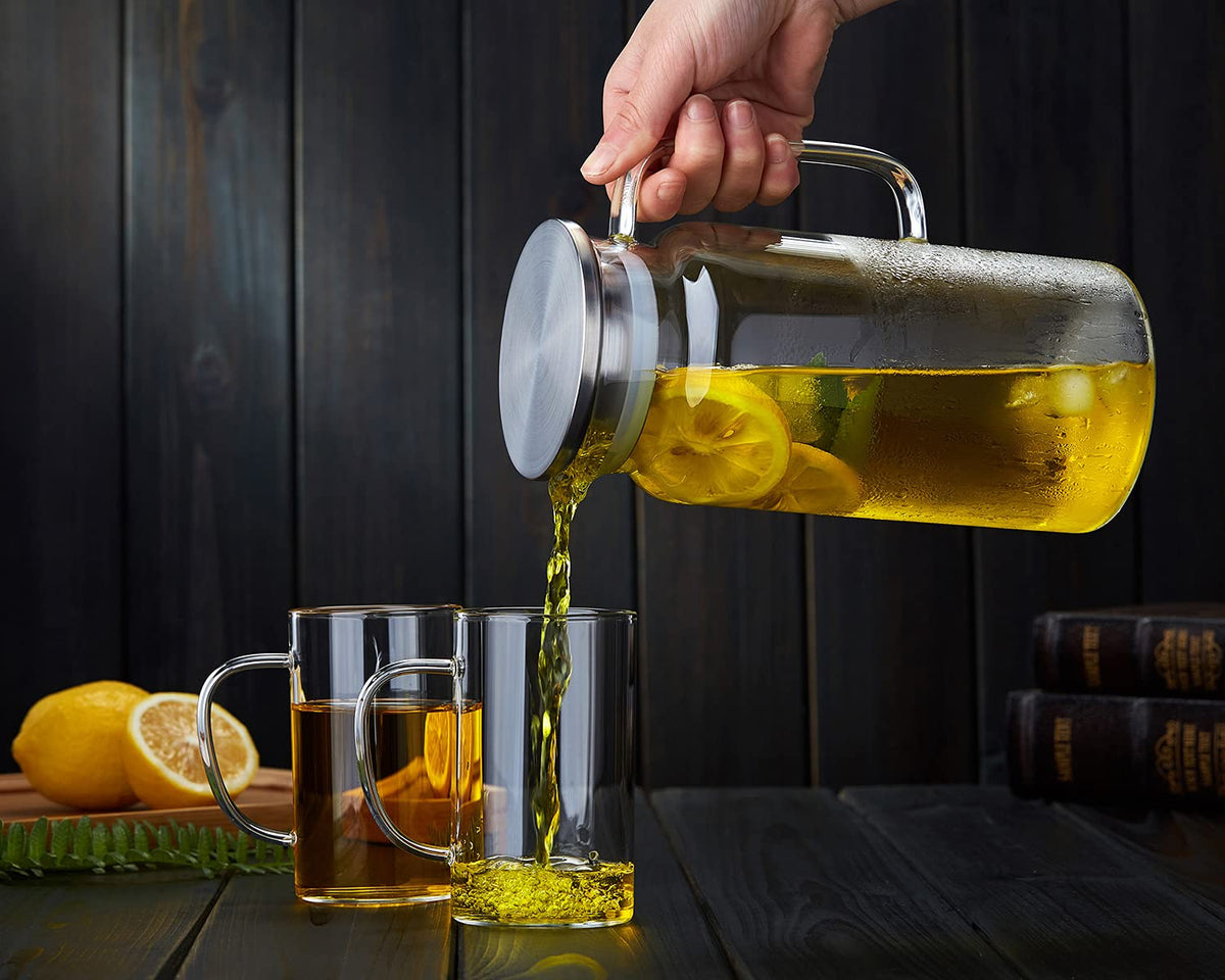 42OZ Glass Pitcher with Lid and Spout, Water Jug, 1250ml Carafe for Hot/Cold Water, Juice and Homemade Beverage, Large Iced Tea Pitcher for Coffee