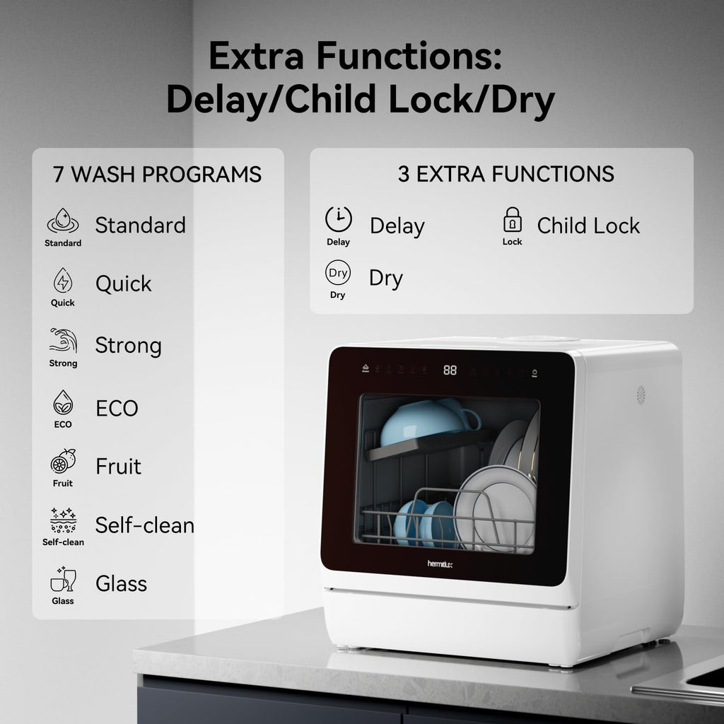 Hermitlux Countertop Dishwasher, 7 Washing Programs Portable Dishwasher