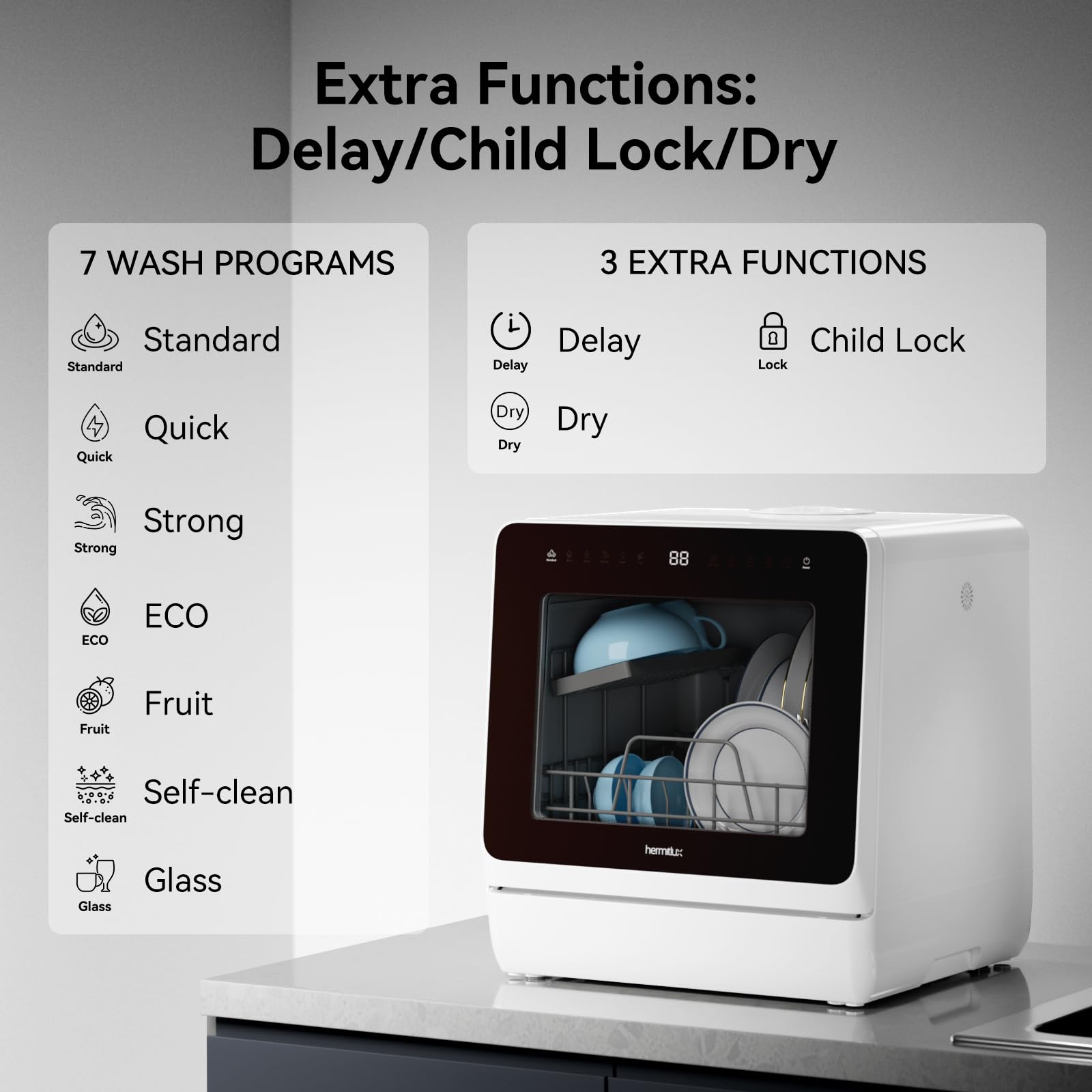 Hermitlux Countertop Dishwasher, 7 Washing Programs Portable Dishwasher