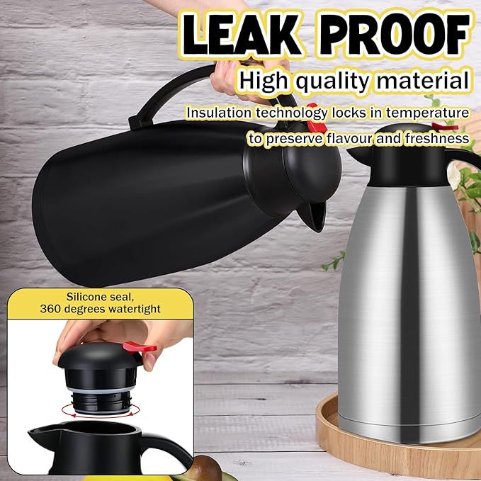Nuogo 2 Pcs 102 oz Thermal Coffee Carafe Insulated Stainless Steel Carafe Double Walled Vacuum Coffee Thermal Pot with Brush for Home Office Use Keep 24 Hours Hot Water Tea(Silver, Black)