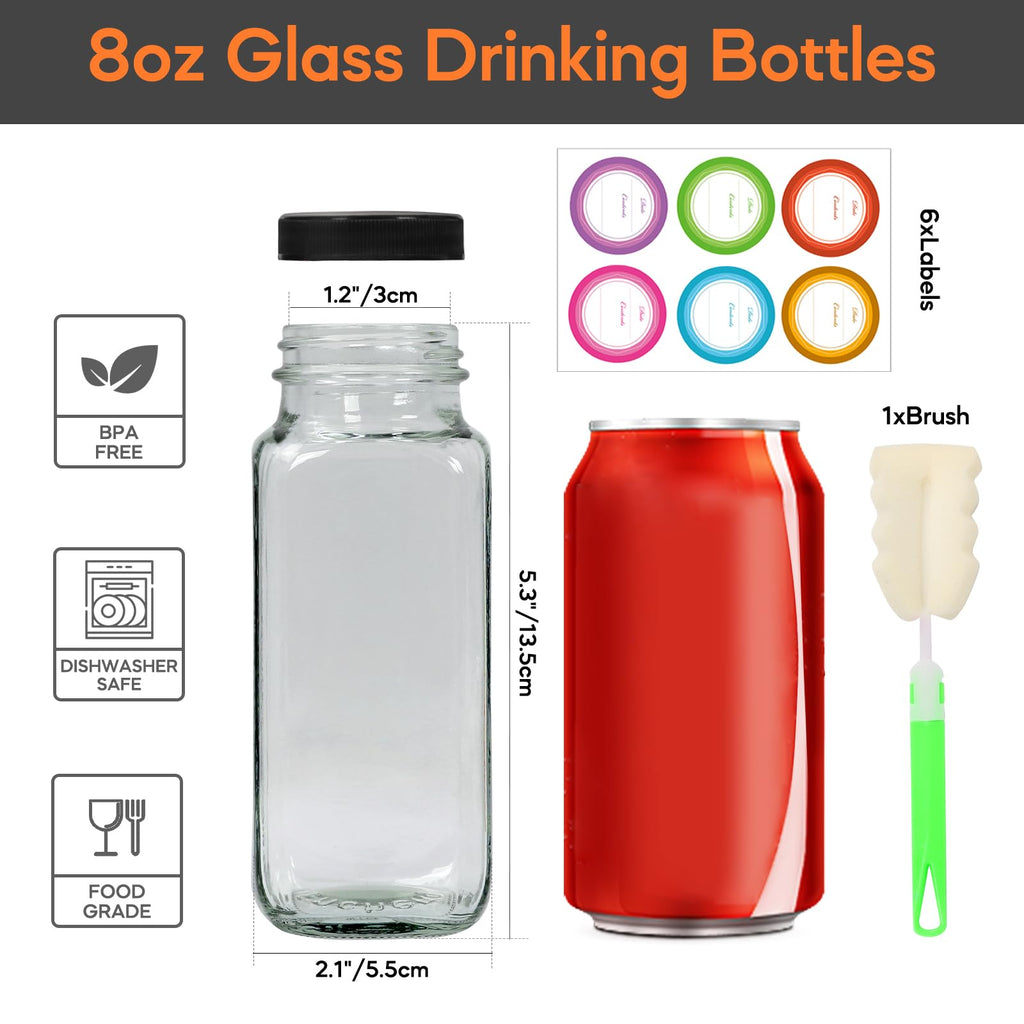 STARSIDE 8oz 6-Pack Glass Juice Bottles with Leak-proof Lids