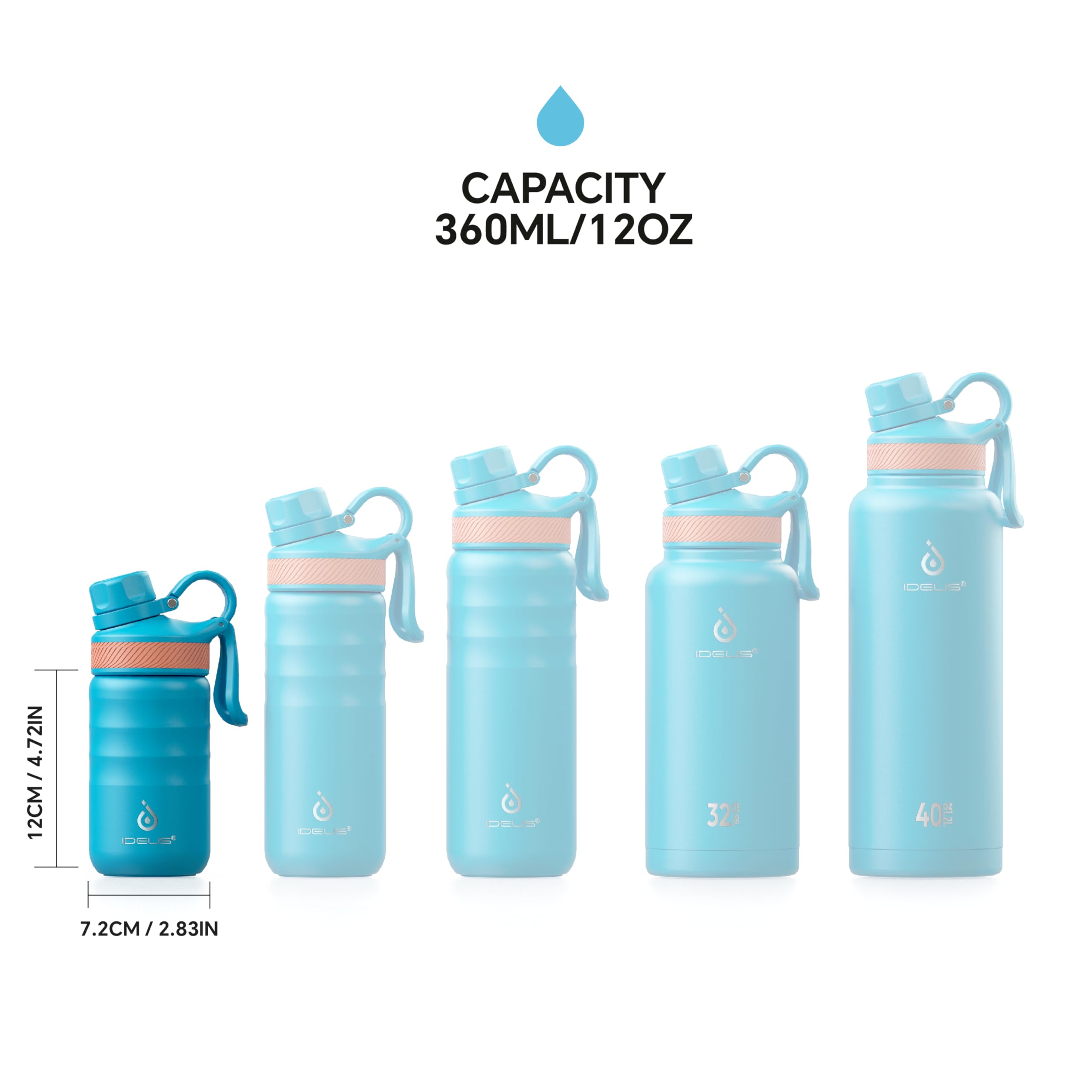 IDEUS Insulated Water Bottle 12oz, Stainless Steel Insulated Water Bottle For School, Insulated Bottles With Straws Leakproof, Vacuum Double Wall Water Bottles For Boys And Girls With 2 Lids, BPA Free