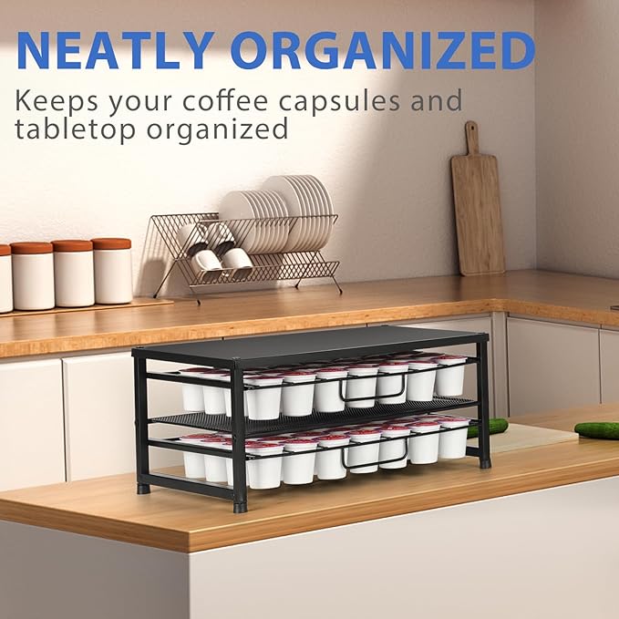 K Cup Holder Organizer for 70 Pods, 2-Tier Coffee Pod Holder for K-Cup with 2 Sliding Storage Drawers, Coffee Station Bar Organizer for Kitchen Countertop, Home & Office, Frosted Black