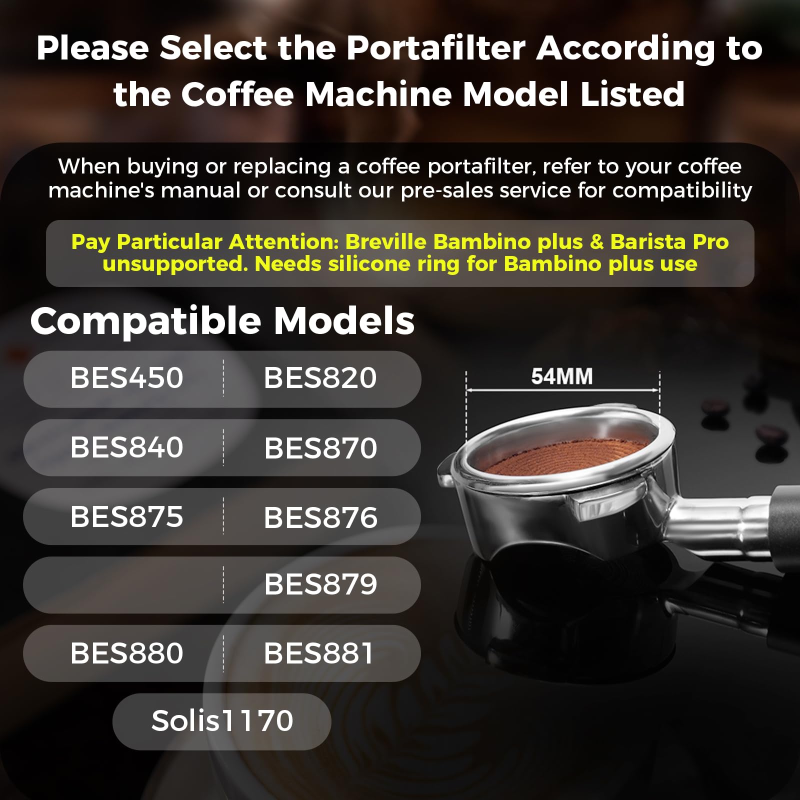 IKAPE 54mm Bottomless Naked Portafilter, Suitable for 54mm Breville Barista Series BES870/880 Machine & Solis Barista Machines (Bambino Plus Not Supported)
