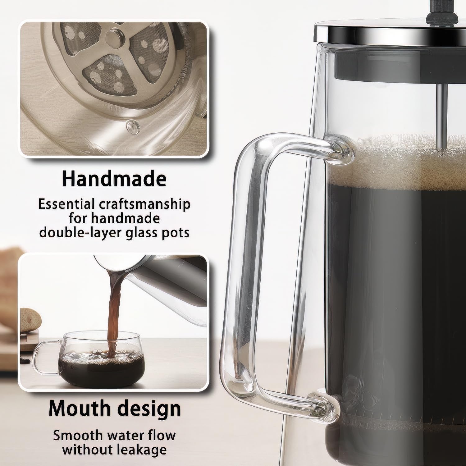 HOOVIEN French Press Coffee Maker 34Oz - Double-Wall Insulated Borosilicate Glass - Ergonomic Handle - Coffee Gift - Tea & Coffee Press