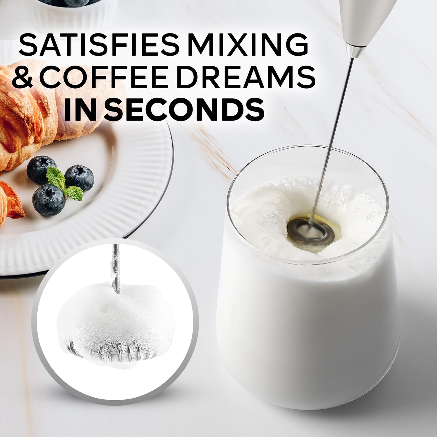 Zulay Kitchen Powerful Milk Frother Wand With Duracell Batteries - Ultra Fast Handheld Drink Mixer - Electric Whisk Foam Maker for Coffee, Lattes, Cappuccino & Matcha - Z1 Motor - Light Gray
