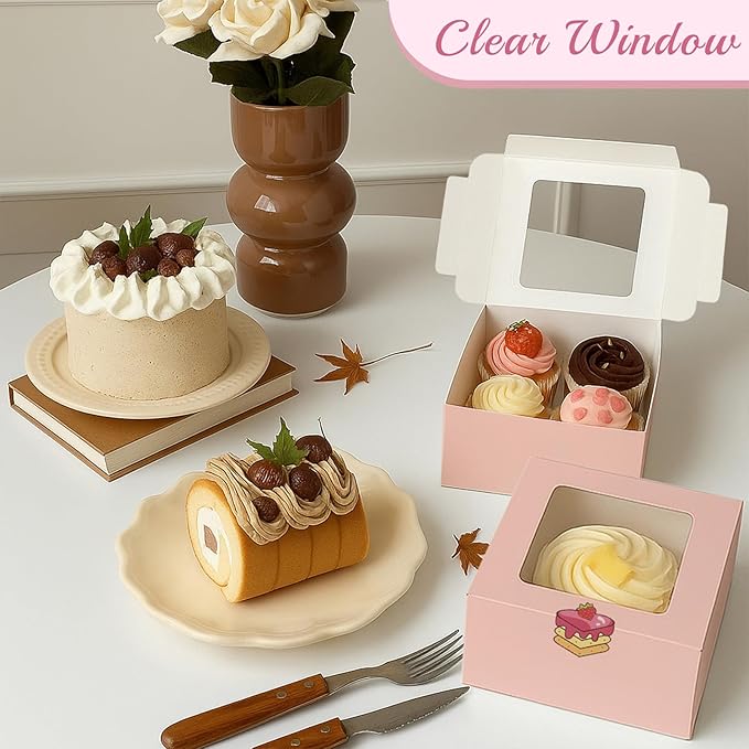 OAMCEG 50 Pack Cookie Boxes with Window, 6x6x3 Inches Pink Cupcake Boxes, Bakery Treat Boxes with Stickers & Twine for Pastry, Desserts, Strawberries, Cupcakes, Gift Giving