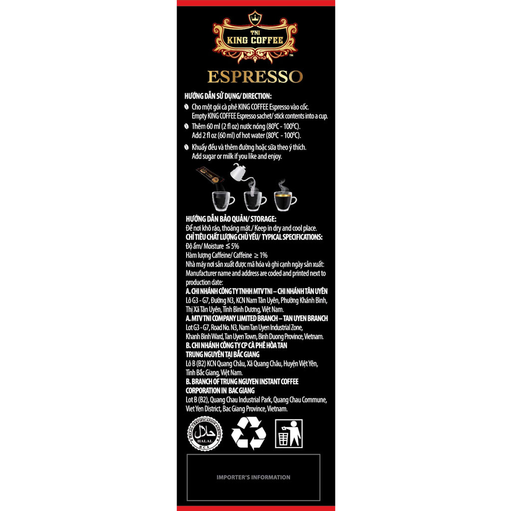 TNI King Coffee Espresso Instant Coffee Vietnamese Coffee, Trung Nguyen International, Arabica Instant Coffee Mix, Medium Roast, 15 Sticks Per Box x 2.5g, Pack of 12